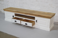 Meuble TV artisanal en bois de manguier écologique, design moderne, plateau en bois naturel, base peinte en blanc, poignées en métal noir, 65 pouces, pour salon