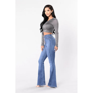 Fashion Women Flare Leg Denim Jeans High Waisted Loose Fit <b>Bell</b> Bottom Vintage Eco-Friendly Trendy Casual Street Style Pants - Product Image 1