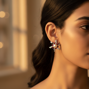Boucles d'oreilles à clous florales pour femmes, argent, perle et rubis, fleur avec zircon diamant, plaqué or et or rose, pour mariage, fiançailles - Product Image 2