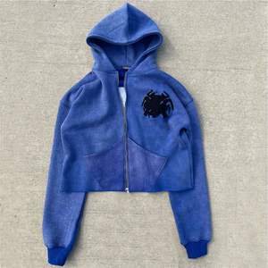 Top corto lavado con ácido y cremallera personalizado con parche bordado con apliques desgastados Sudadera con capucha recortada - Product Image 3