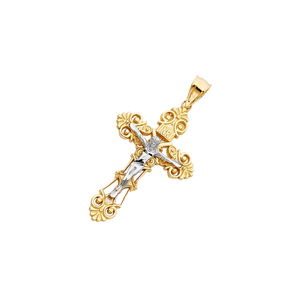 14K Argent Jaune Deux Tons Plaqué Or Petit Pendentif Bourgeon Christian Crucifix Croix Bijoux Diamant Zircon Unique Enfants - Product Image 2