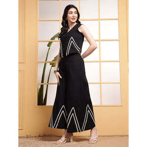 Conjunto de 2 Piezas Deebaco para Mujer, Color Negro, Estampado Geométrico, Blazer sin Mangas con Cuello en V y Pantalones Palazzo, Atuendo Casual Largo para Verano - Product Image 4