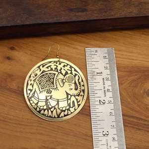 Wholesale Indian Handcrafted Brass Elephant <b>Disc</b> Earrings | Antique <b>Gold</b> Tone Engraved Round Dangle Ethnic Fashion Jewelry - Product Image 2