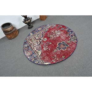 Alfombra turca Vintage, diseño de retales rojo y azul, área grande, Material de lana de 4,1x4,2 pies con respaldo de látex para pasillo y dormitorio - Product Image 2