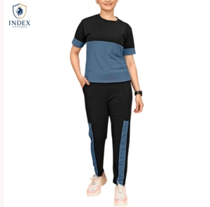 INDEX APPAREL ชุดวอร์มผู้หญิงแบบคัลเลอร์บล็อคแขนสั้นคอกลมกางเกงขายาวระบายอากาศได้ดีสวมใส่สบายในฤดูใบไม้ผลิ - Product Image 1