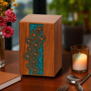 Urne funéraire en bois gravée florale incrustation de marguerites sarcelle urnes funéraires personnalisées pour cendres humaines - Product Image 5