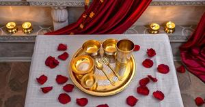 <b>8</b>-Piece Beautifully Handcrafted Traditional <b>Dinnerware</b> <b>Set</b> Brass Thali Plate Bowls Fork with Durable Glass Spoon Tableware Gift - Product Image 5