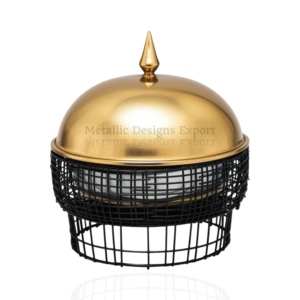 Premium Metal Stainless Steel Round Chafing Dish with Golden Lid Iron Wire Black Base Decorative <b>Food</b> <b>Warmer</b> <b>for</b> Kitchen, Dining - Product Image 2