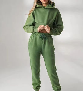 High Quality Embroidered Mesh Cropped Crop Top Hoodie Sweatpants Women's Two Piece Tracksuit <b>Set</b> 100% Cotton Streetwear OEM ODM - Product Image 5