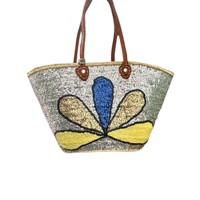 Handgefertigte marokkanische gewebte Boho-Strandtasche mit Bonbonmuster, Canvas-Futter und Henkeln