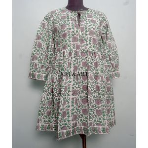 Vestido Formal hasta la Rodilla, 100% Algodón, Hecho a Mano, con Mangas Abullonadas, Estampado Floral Indio, con Borlas, Cómodo, Ecológico, Lavable para Mujer - Product Image 1