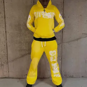 Custom Logo DTG Print <b>Graphic</b> Men Sweat Suits Vintage Acid Wash Flared Sweatpants and <b>Zip</b> <b>up</b> <b>Hoodie</b> Set Men Stacked Tracksuits - Product Image 4