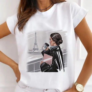 Camiseta de algodón de verano para mujer, estilo casual urbano, de alta calidad, personalizada, con botones de diamantes, anti-bolitas, manga corta, al por mayor - Product Image 1