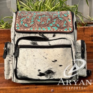 Bolsa de pañales de cuero con pelo de marca personalizada, mochila de piel de vaca con flores turquesa occidental, mochila grande de viaje para ordenador portátil - Product Image 1