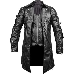 Chaqueta larga de cuero para hombre gótico Vintage PU cuero gabardinas moda Moto Biker prendas de vestir para hombre estilo Punk chaquetas hombre - Product Image 5