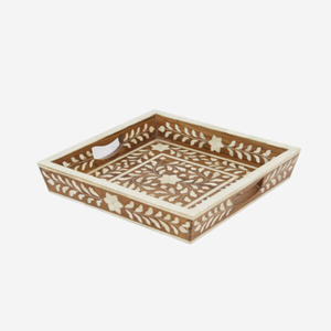 Bandeja cuadrada con incrustaciones de hueso de madera marrón con diseño floral natural, decoración artesanal, disponible a precios al por mayor. - Product Image 1