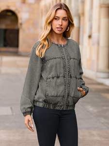 Veste en jean décontractée à manches longues et à rabats, couleur unie, en coton tissé, avec boutons métalliques personnalisés, pour femmes - Product Image 4