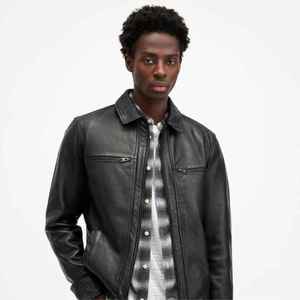 Veste en cuir véritable pour homme de qualité supérieure, coupe ajustée, en peau de mouton véritable, style motard, vêtement d'extérieur décontracté, noir, fermeture éclair, automne-hiver - Product Image 2