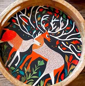 Bandeja de servicio decorativa de trabajo de madera MDF pintada a mano y Meena, bandeja de madera hecha a mano con patrón de modelo, Material de resina - Product Image 1