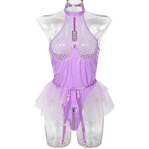 Ensemble de lingerie en cuir PU fétiche avec soutien-gorge en résille transparente et bikini à entrejambe ouvert avec <span class=keywords><strong>jarretelles</strong></span> <span class=keywords><strong>amovibles</strong></span> - Product Image 5