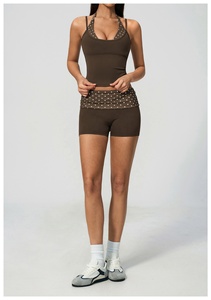 Brown halter <b>crop</b> <b>top</b> set High waist shorts yoga wear Dot pattern sheer layer 2 piece yoga outfit - Product Image 6