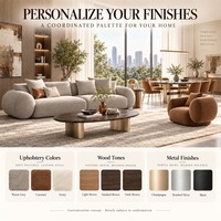 Ensemble de meubles modernes gris chaud et caramel sur mesure pour toute la maison, canapé, table à manger ovale, chaises et lit rembourré