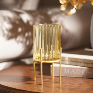 Handmade Gold Ribbed <b>Tea</b> <b>Light</b> Holder Glass Candle Jar with Metal Stand for Home Decoration and Christmas Occasions - Product Image 5