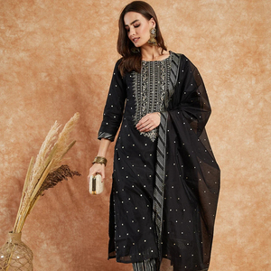 Conjunto de Kurta, Pantalones y Dupatta de Verano para Mujer, Color Negro, Bordado, Mezcla de Algodón, Cuello en V, Corte en A, 100% Calidad de Exportación, Largo y Moderno - Product Image 1