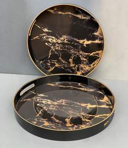 Plateau de service rond en marbre noir et or moderne en gros, plateau décoratif en métal durable antidérapant pour les événements de mariage, plateau de traiteur - Product Image 1