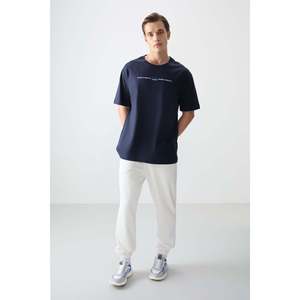 <b>Navy</b> <b>Blue</b> 100% Cotton Thick Soft Textured Oversize Fit Printed <b>Men's</b> <b>T</b>-<b>Shirt</b> - 88357 - <b>Navy</b> <b>blue</b> - Product Image 3