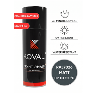KOVALI 3 en 1 Aérosol Spray Apprêt Émail Protection Anti-Rouille et Anti-Corrosion Métal Bois Béton Mat Granit Gris RAL 7026 520ml - Product Image 1