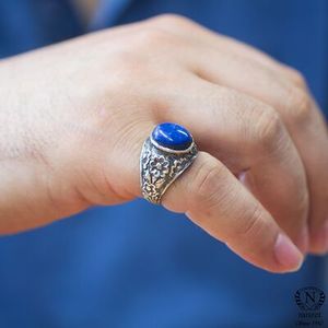 Handmade 925 Sterling <b>Silver</b> <b>Ring</b> for <b>Men</b> Oval Cut Lapis Lazuli Stone Engraved Bands Everyday Wear Natural Stone Jewelry - Product Image 5