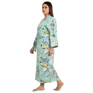 Kimono Largo Reversible de Algodón Kantha Pur para Mujer, Chaqueta Color Verde Pastel con Estampado de Mono - Product Image 4