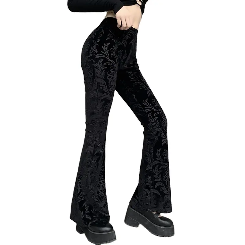 High quality Vintage Gothic Velvet Black Pants Goth Harajuku Bodycon High Waist Trousers Streetwear Flared Women Autumn Pants