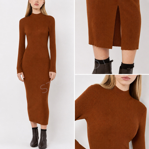 Vestido ajustado de punto acanalado para mujer, estilo sencillo, con abertura, opción de manga larga o corta, vestido midi, excedente de exportación a granel, hecho en Bangladesh - Product Image 6