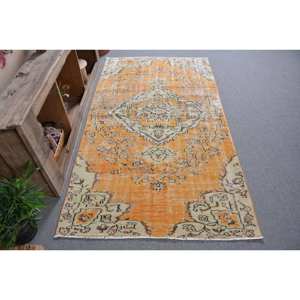 Tapis Turc Vintage 3.9x 7.4ft Orange Beige Plat Tissage Laine Patchwork Motif pour Salon Couloir Décorations Latex Support - Product Image 1