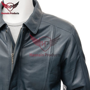 Chaqueta Bomber de Cuero Genuino Azul para Hombre, Cuello Camisero, Piel de Vacuno, Cintura Elástica, Bolsillos Laterales, Cierre Frontal con Cremallera, Clásica, Cálida y Personalizable - Product Image 2
