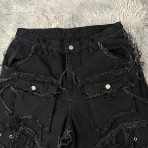 Yeni varış Trendy sıkıntılı nakış iş Buggy kot pantolon kadın özelleştirilmiş cepler iç<span class=keywords><strong>in</strong></span> tüm satış 100% pamuk Buggy pantolon - Product Image 6