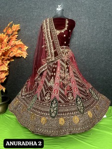 Elégant Rajwadi Concept 12 Kali Flare Bridal Lehenga Choli Velours Lourd Jarakan Travail 5 Mètres Multicolore Double Dupatta Hiver - Product Image 6