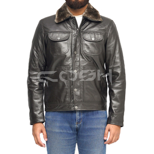 Veste en cuir noire pour homme, style streetwear, avec col rabattable - Product Image 5