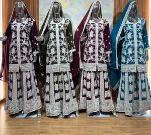 Blooming Georgette Gharara Set con bordado Lakhnavi, Zarkan Stone Work & Heavy Border Dupatta Partywear Plazo Style - Product Image 3