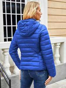 Chaqueta Corta Acolchada de Invierno para Mujer, Color Azul Rey, con Capucha, Ligera, Chaqueta de Mezclilla, Transpirable, Cortavientos, con Cierre Frontal, Cálida para el Frío - Product Image 5
