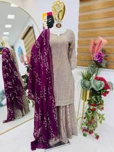 Traje de Palazzo indio paquistaní con bordado pesado de último diseñador con seda de imitación Georgette Dupatta de FabZone para fiestas - Product Image 3