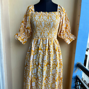 Vestido Maxi bohemio vestido de algodón floral vestido amarillo estampado a mano - Product Image 1