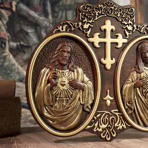 Arte Mural de Madera del Sagrado Corazón de Jesús y Marí<span class=keywords><strong>a</strong></span>, Placa Cristiana de Doble Relieve con Cruz, Decoración de Bendición para el Hogar Tallada <span class=keywords><strong>a</strong></span> Mano - Product Image 5