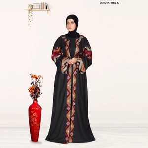 <b>Women</b> Linen Open Front Abaya with Elegant Embroidered Panel Design Plus Size Modest Evening Party Wear - Product Image 1