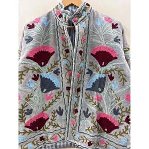 Gulbadan Hand Suzani Embroidered Velvet Reversible Jacket Grey-<b>Silver</b> Base Size 5XL Autumn/Winter Outerwear in Boho Style - Product Image 2