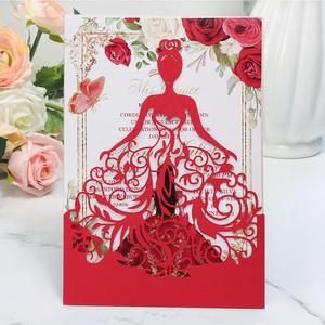 Rosa taglio Laser maniche cenerentola inviti ragazza rossa vestito per 15 oro Glitter Quinceanera invita Xv argento tasca personalizzata - Product Image 1