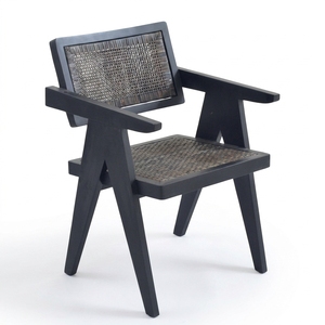 Black Solid Wood Woven Rattan <b>Armchair</b> V Leg Chandigarh Style Accent <b>Dining</b> Chair Outdoor Patio Setup Art Design Decor - Product Image 1