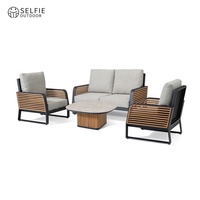 Modernes Teak- und Aluminium-Gartenmöbel-Set mit Stoffbezug und Rundem Klapptisch für Landhaus und Garten